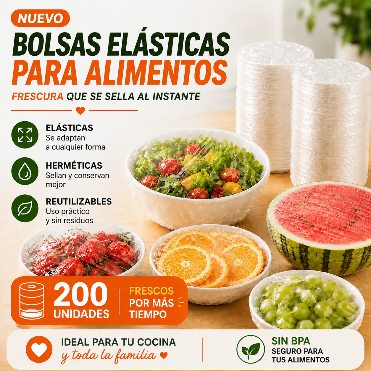 Pack 200 Bolsas Elásticas Cubre Alimentos | Cubre y Protege la Comida en Segundos
