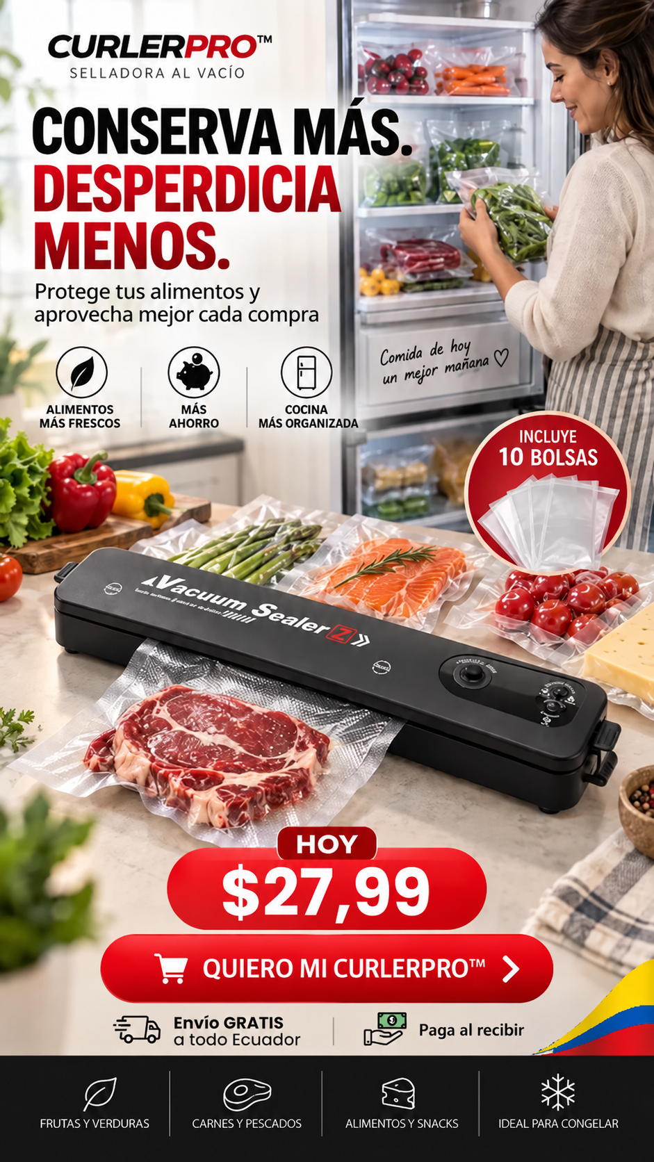 CURLERPRO™ Selladora al Vacío. Conserva tus Alimentos por Más Tiempo.