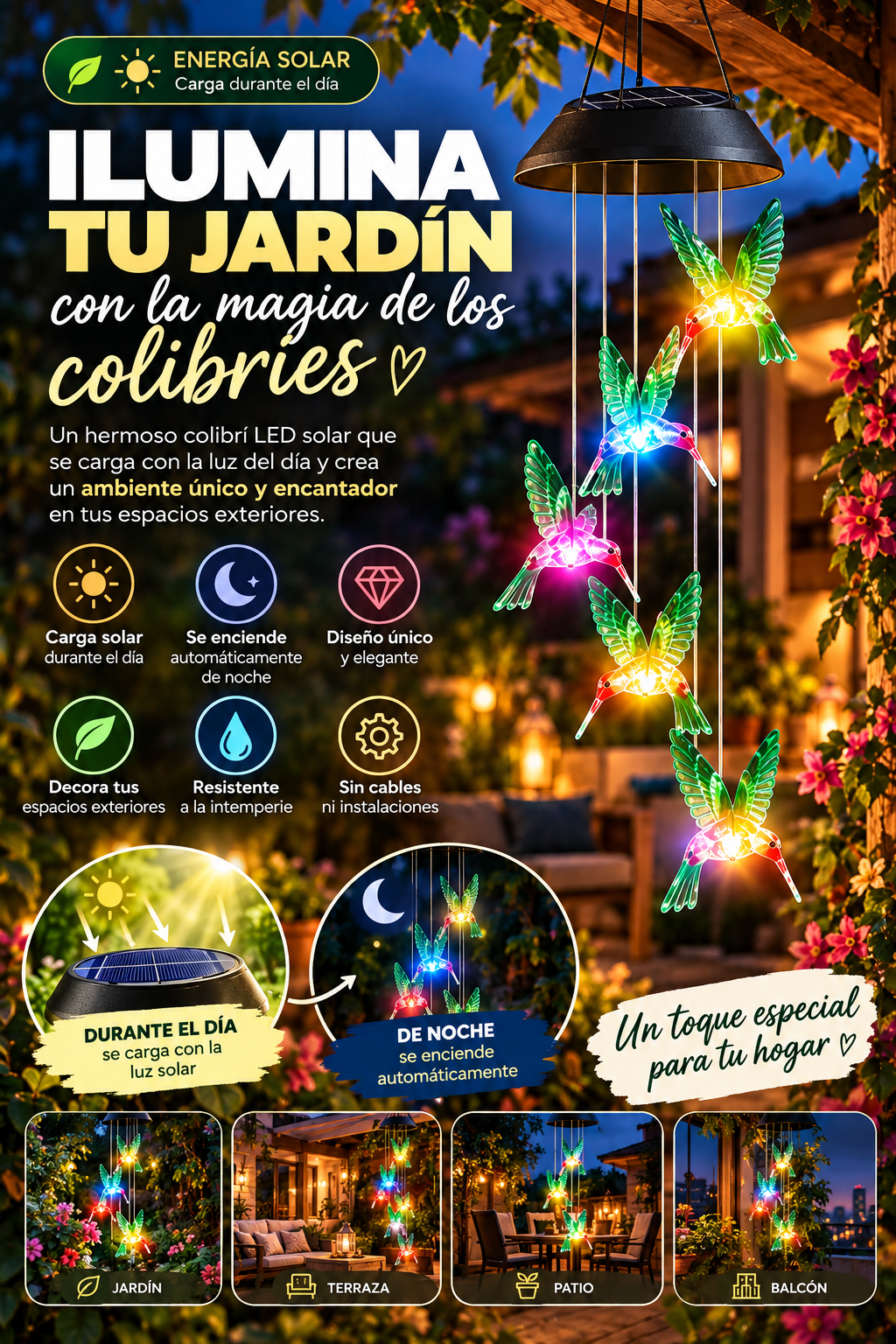 Colibrí Solar Mágico | Ilumina y transforma tu jardín cada noche.