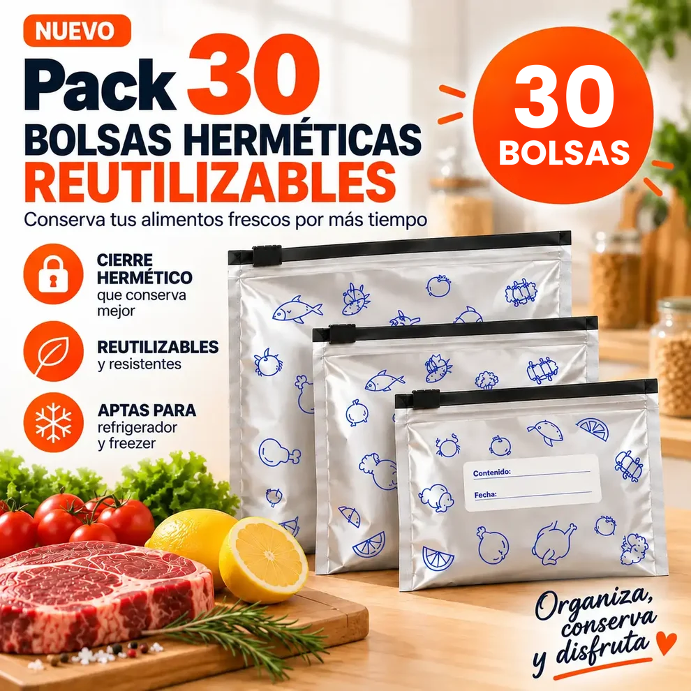 Pack 30 Bolsas Herméticas Reutilizables para Guardar y Conservar tus Alimentos