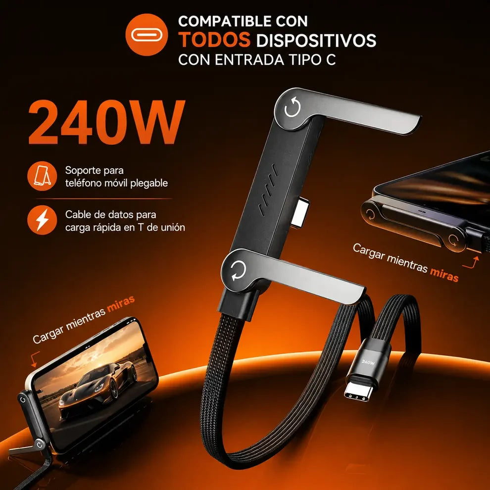 PROMO 2X1 | Cable Cargador rápido 240W con Soporte integrado  | TIPO-C para Android y Iphone