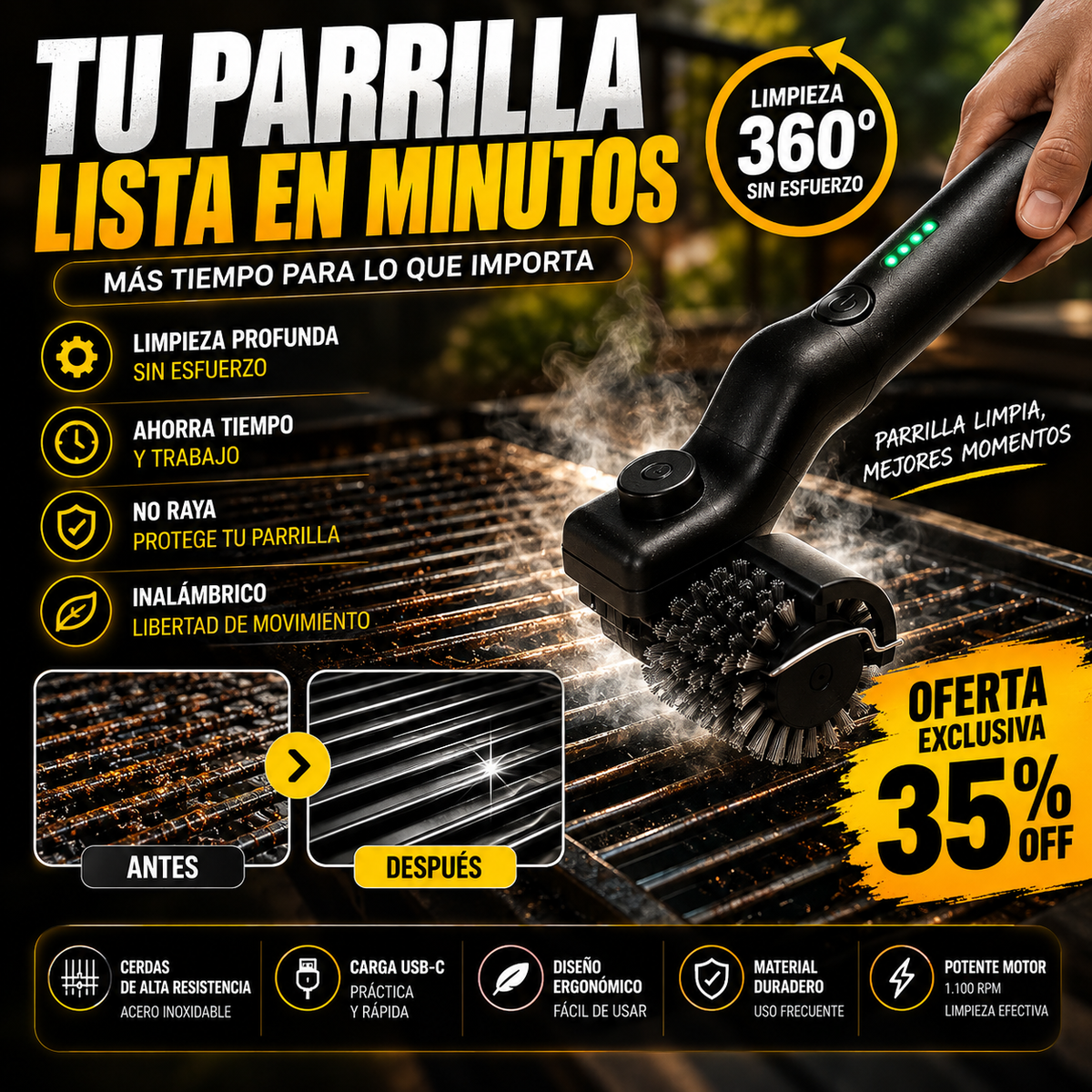 Cepillo Eléctrico para Parrillas | Limpia Más Rápido y Disfruta Más del Asado