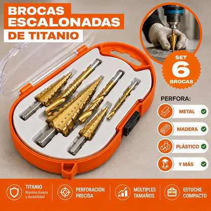 Set de 6 Brocas Escalonadas de Titanio + Estuche | Perfora Distintos Diámetros Sin Cambiar de Broca